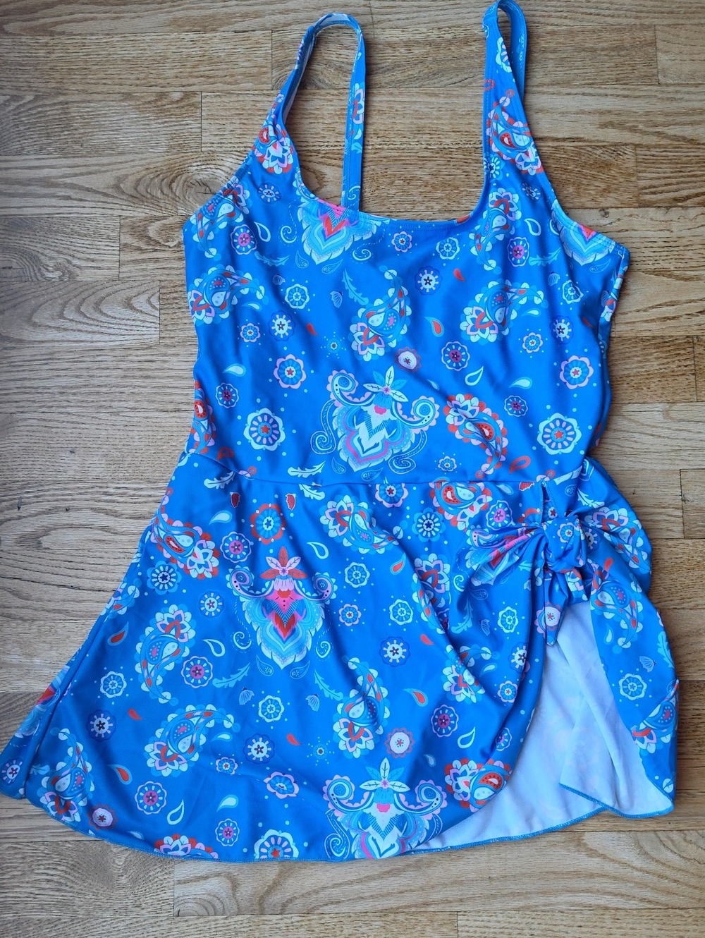 (L) Blue Floral Print One-Piece Swim Dress Sarong Style Vacation Swim Beach